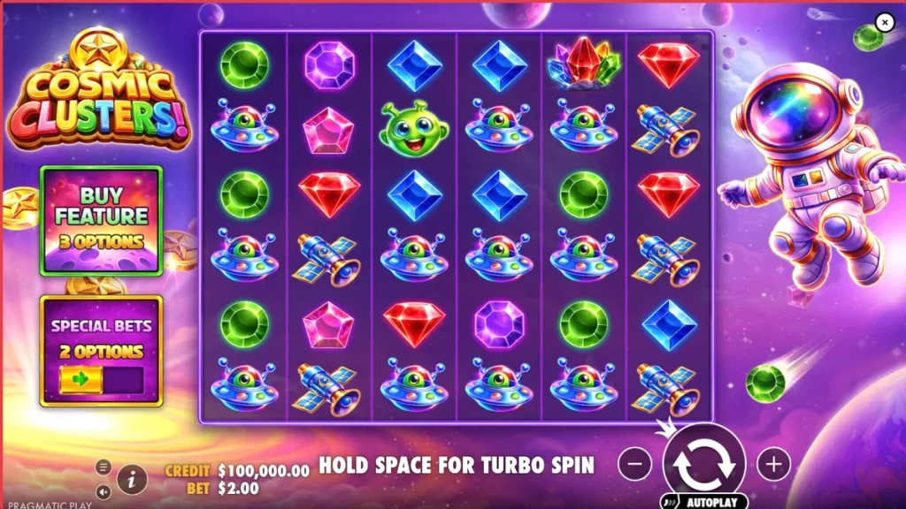 Interface vibrante e neon do jogo Cosmic Clusters com símbolos de alienígenas e cristais espaciais.