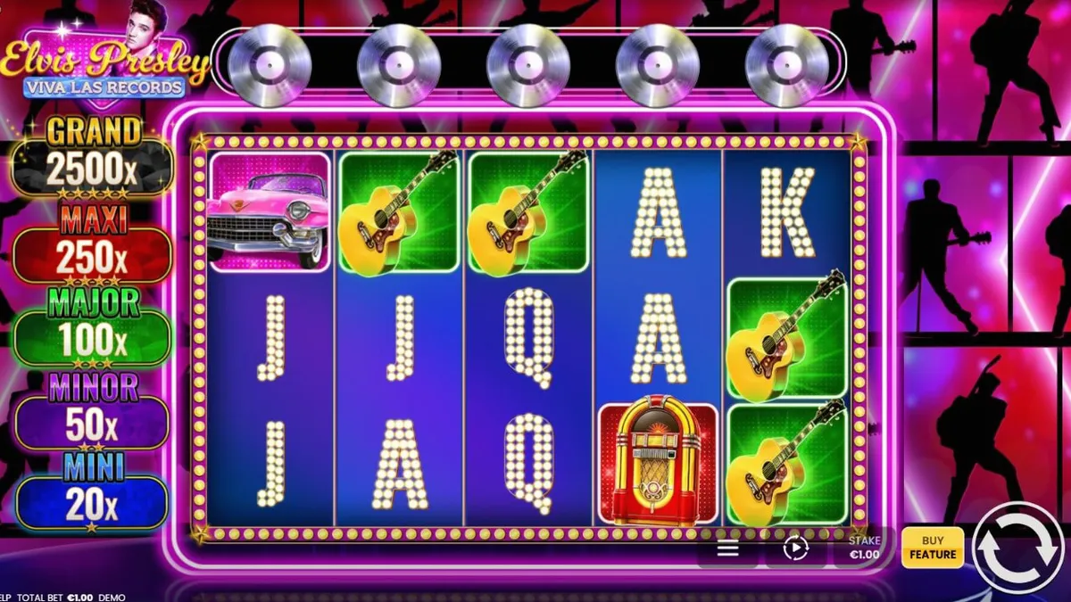 Interface do jogo de caça-níqueis Elvis Presley: Viva Las Records com luzes de neon e discos de vinil